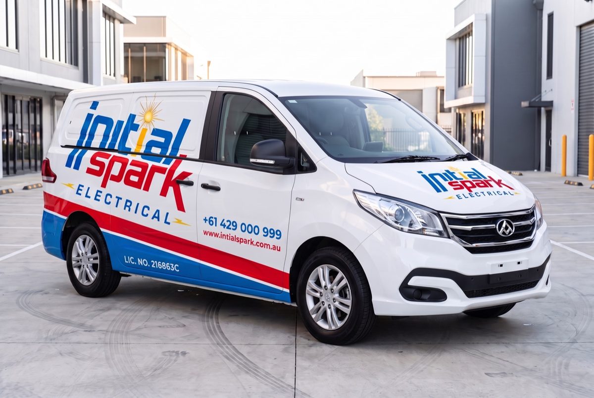 Design concept of the Initial Spark Electrical van wrap — not a photo of the real vehicle